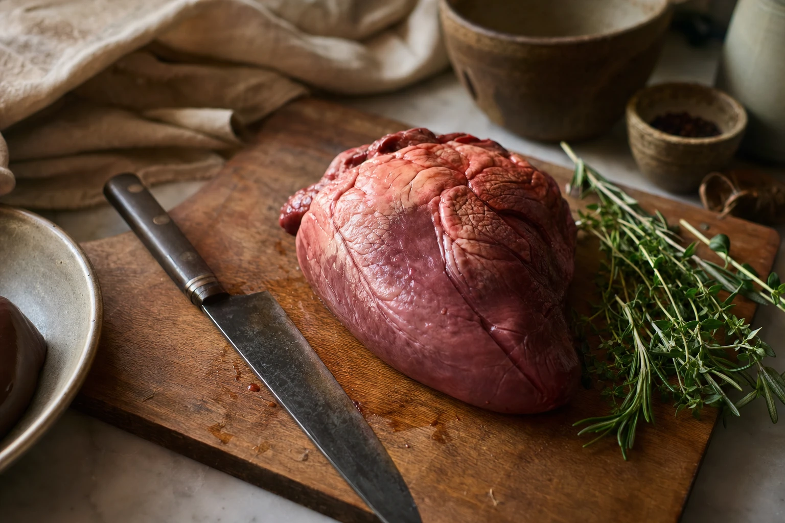 Beef heart on cutting board with herbs and knife