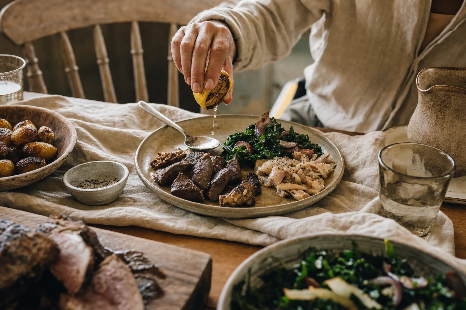 Nose-to-tail plated meal with heart, liver, fish