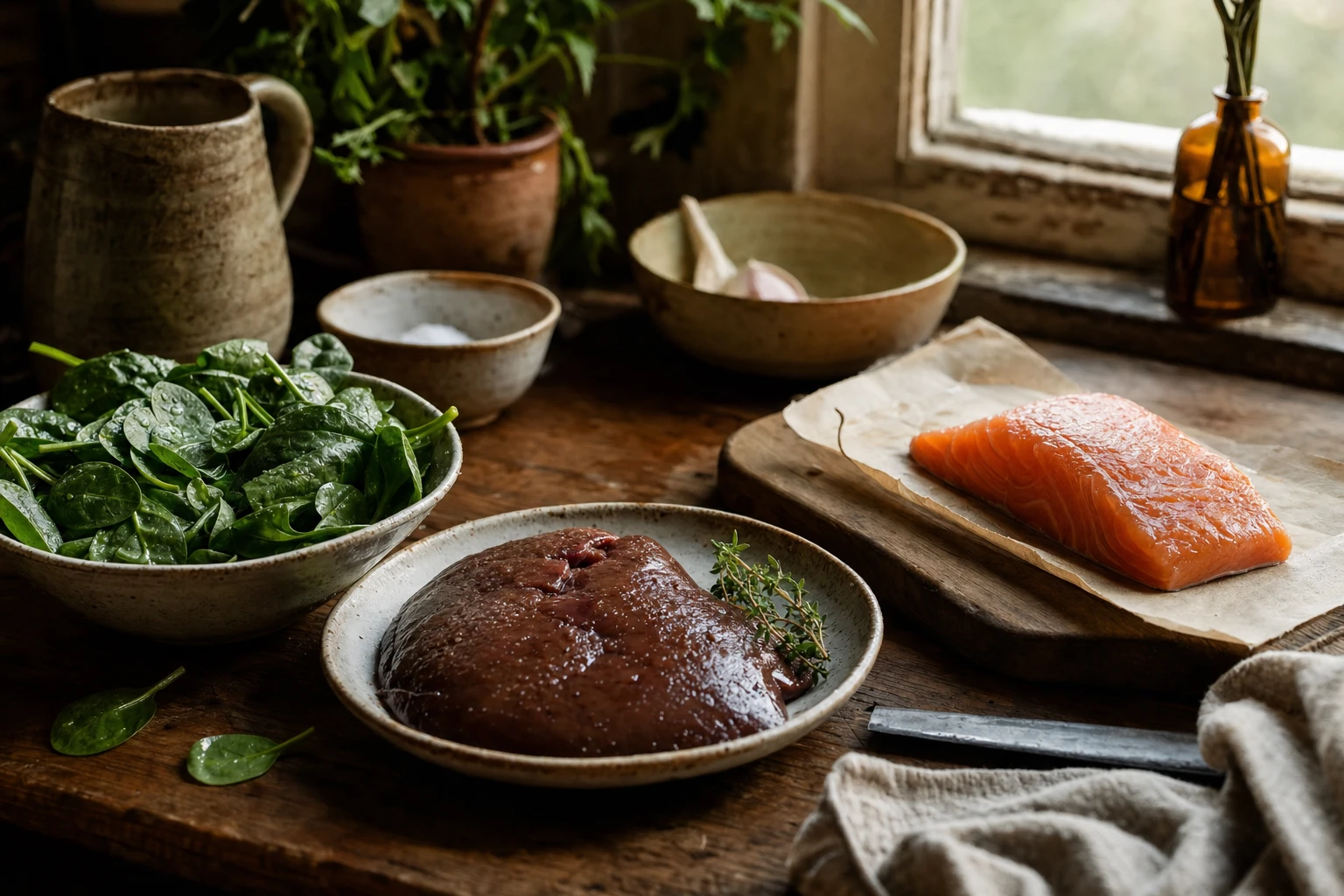 Spinach, liver, and salmon
