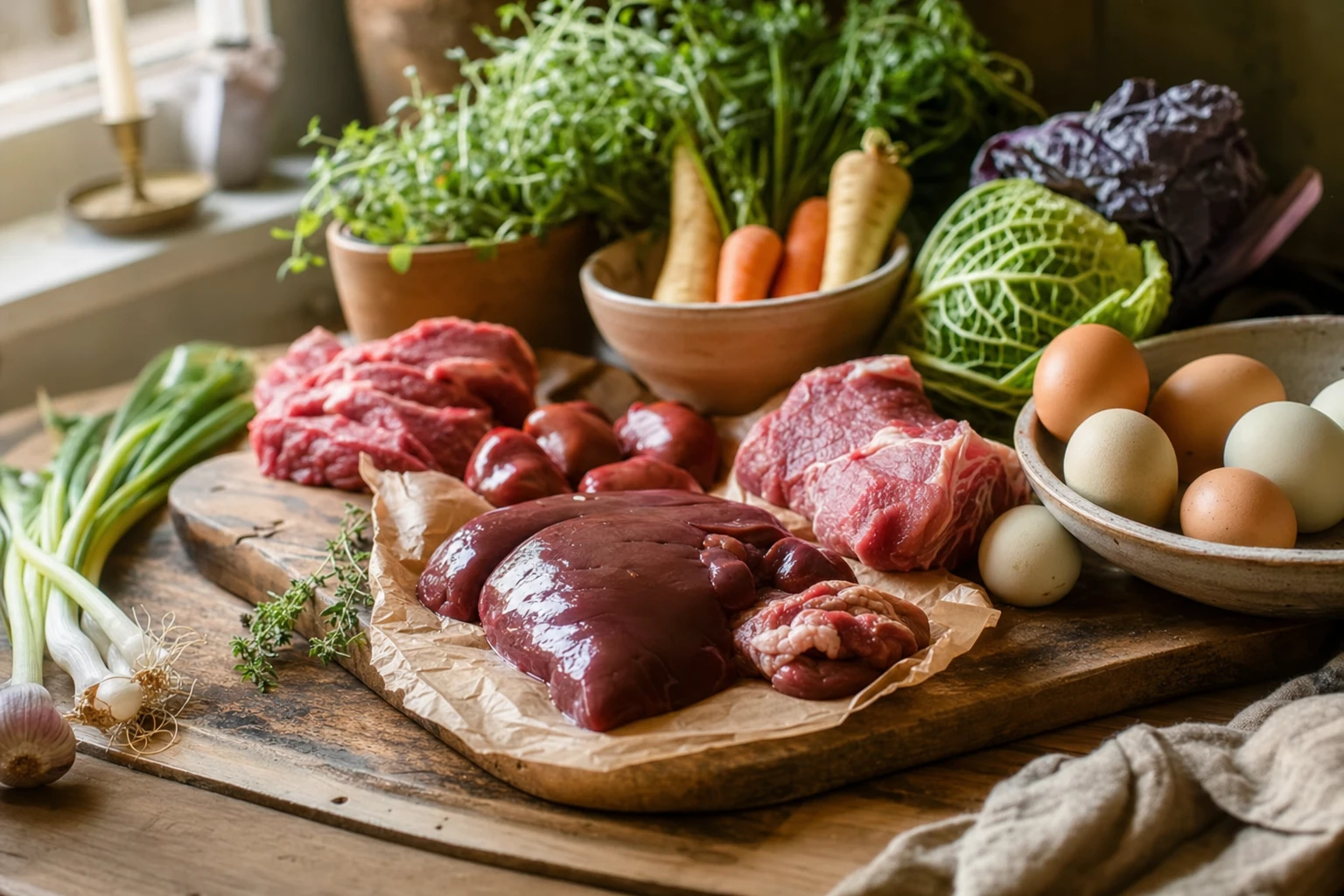 Fresh organ meats, vegetables, and eggs on a wooden board