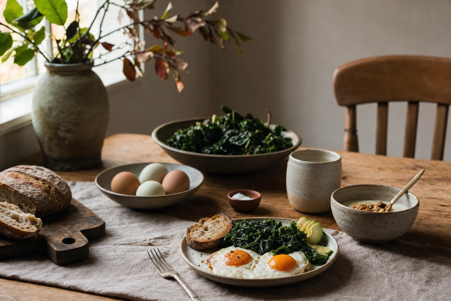 Breakfast spread with eggs, greens, and whole foods