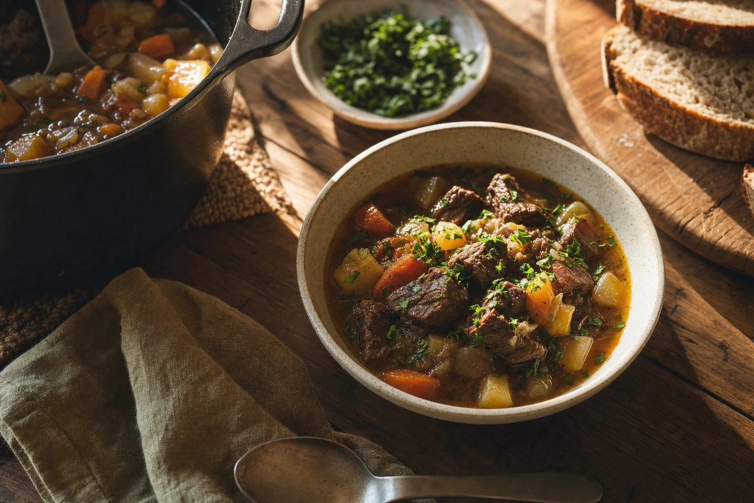Warm bowl of stew or broth with vegetables and meat