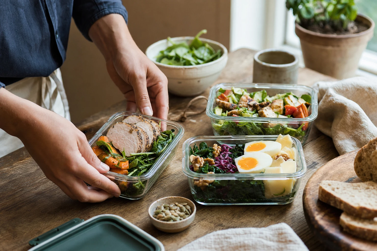 Properly packed lunch containers with protein, vegetables, fat