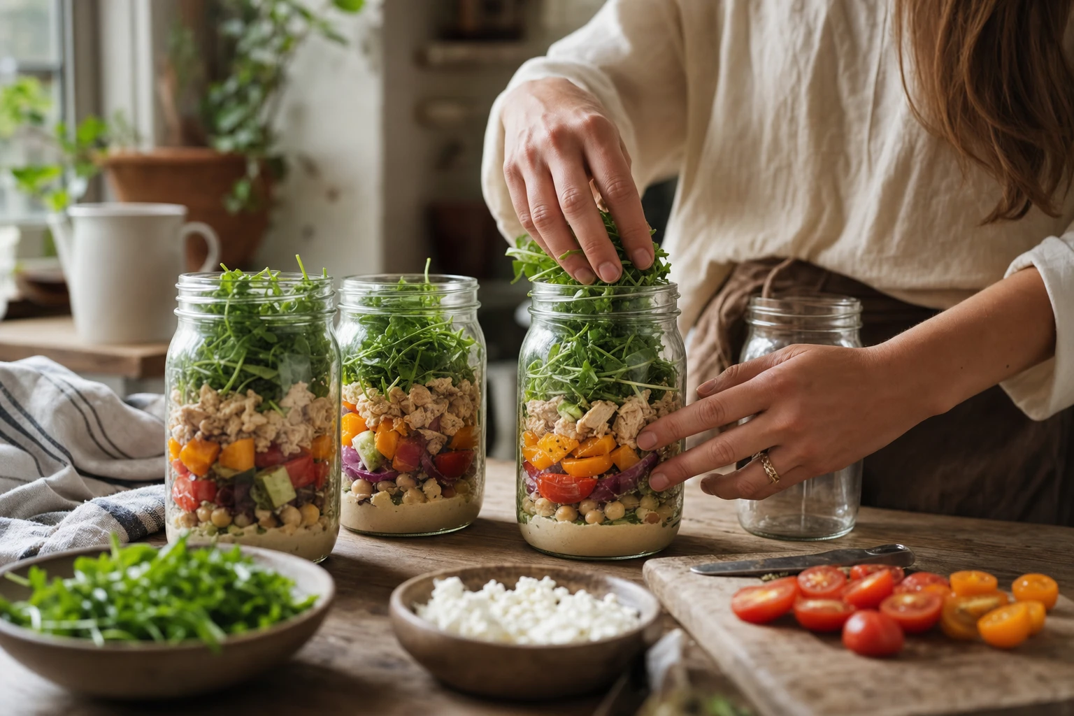 Mason jar salad layered with dressing, greens, protein, vegetables