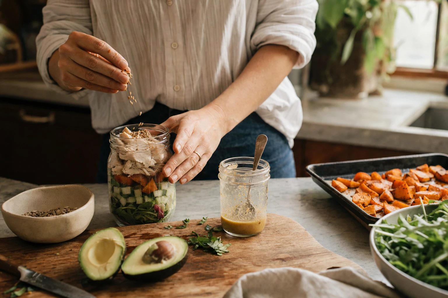 Mason jar layering example: dressing base, vegetables, grains, protein on top