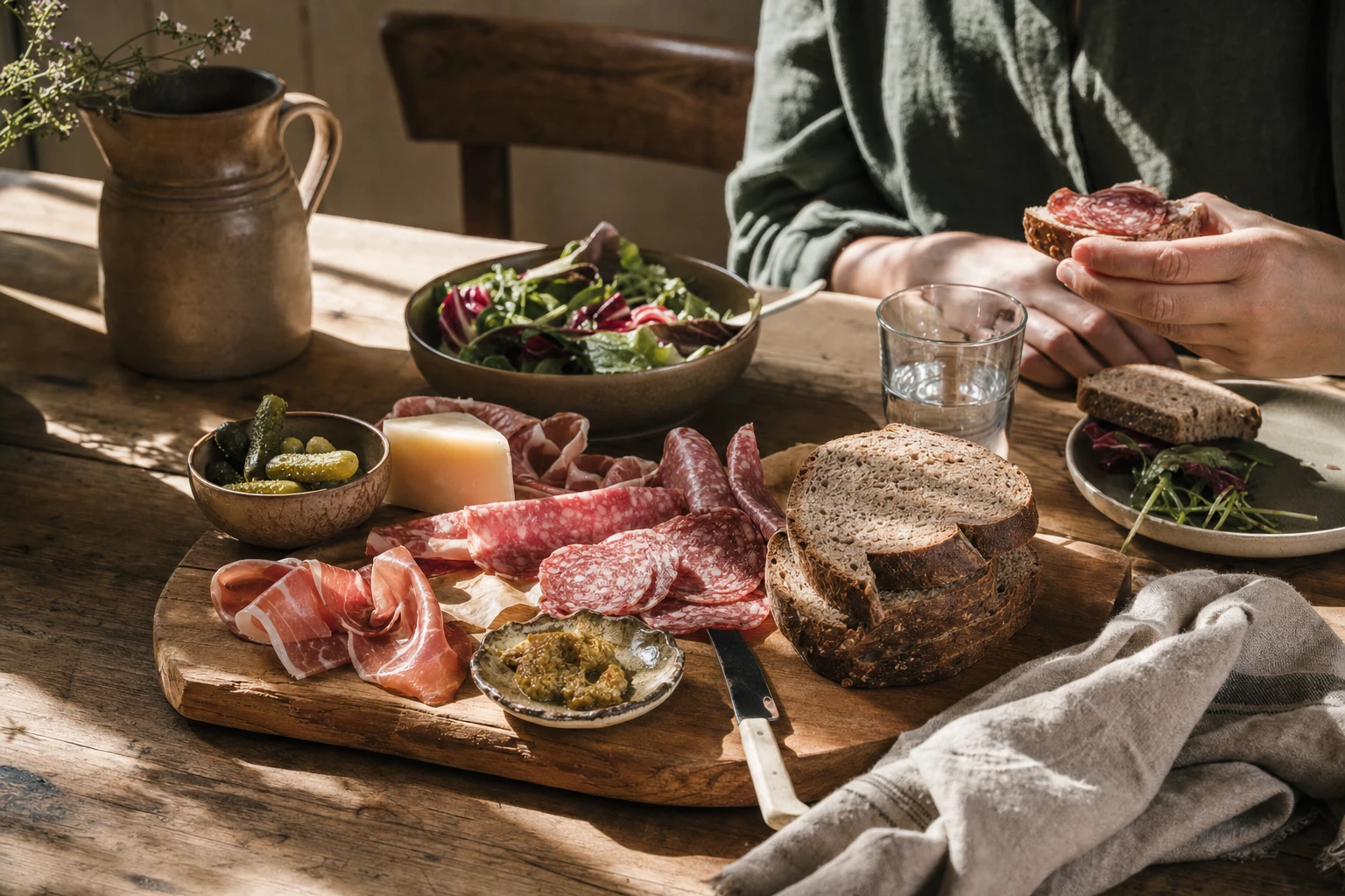 Cold cuts, cheese, whole grain bread arranged as a lunch