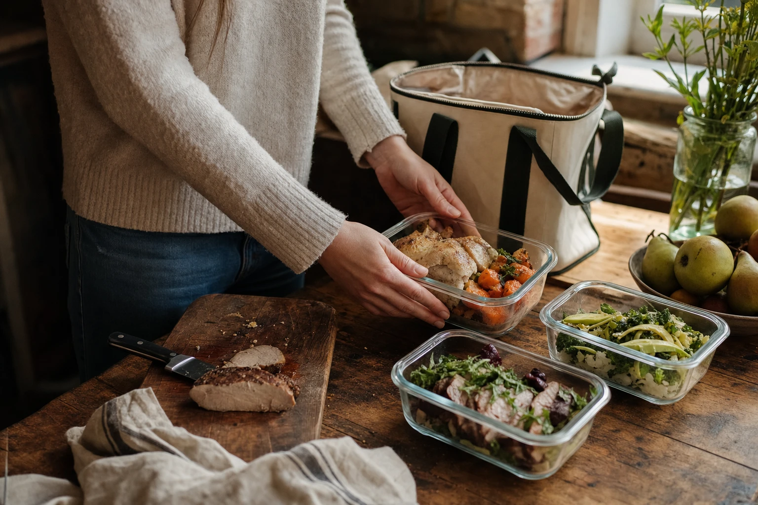 Containers of leftovers properly stored, ready for office lunch