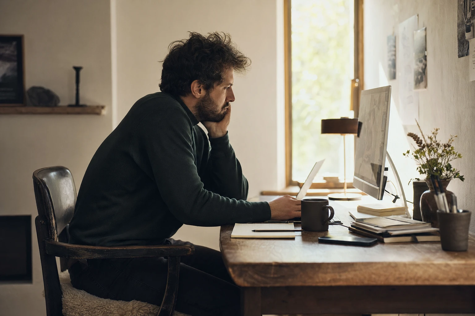 Desk worker sitting with poor posture, looking at computer with coffee