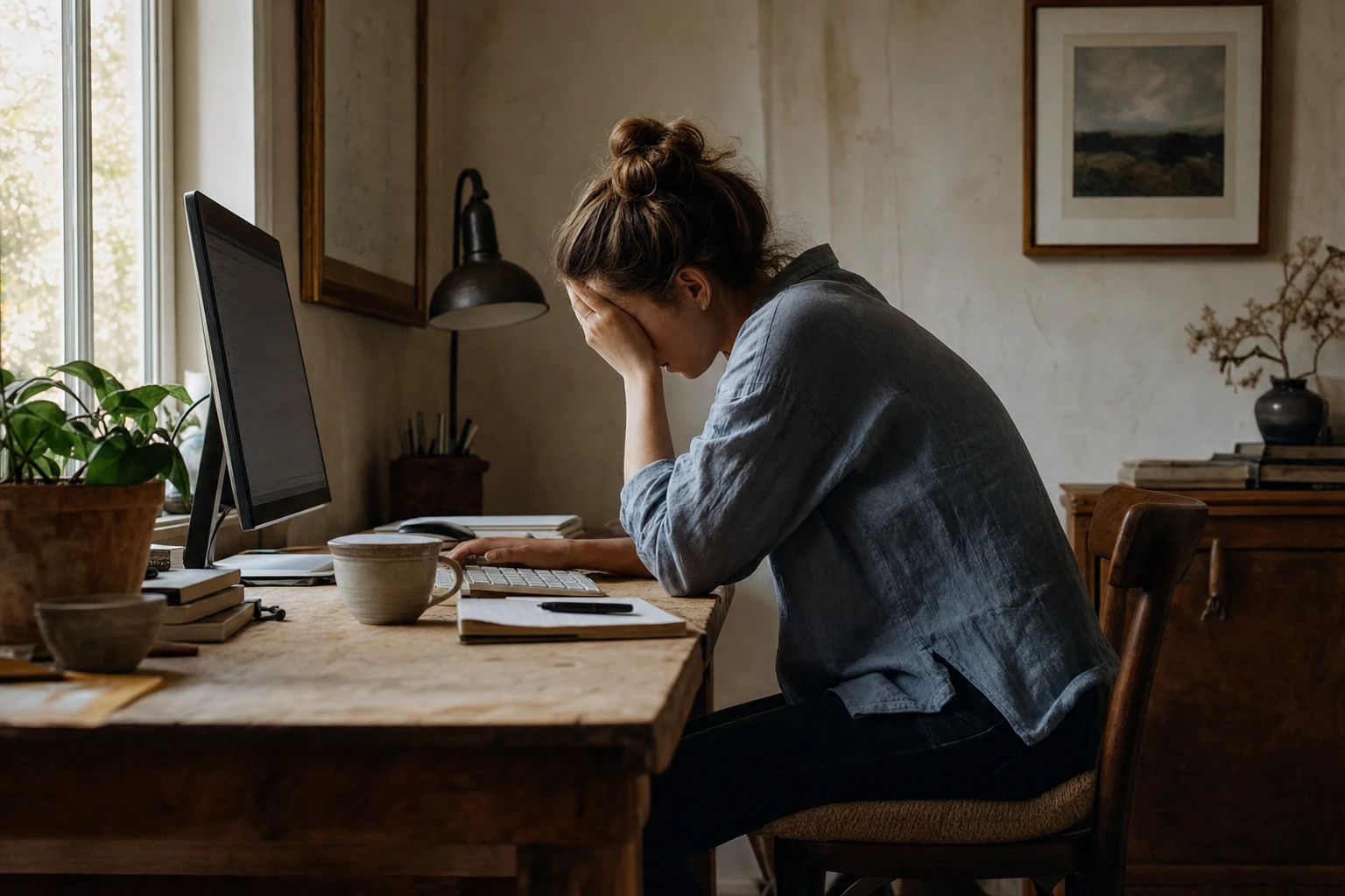 Person hunched at desk for extended period, poor posture