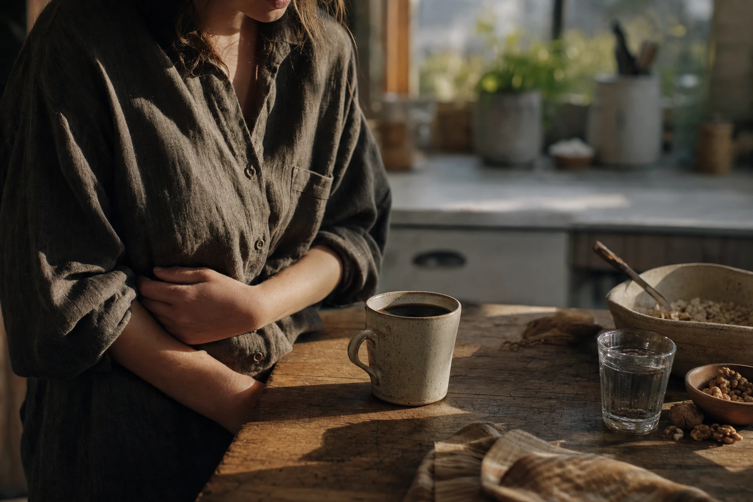 Mug of black coffee on empty stomach, emphasized as problematic