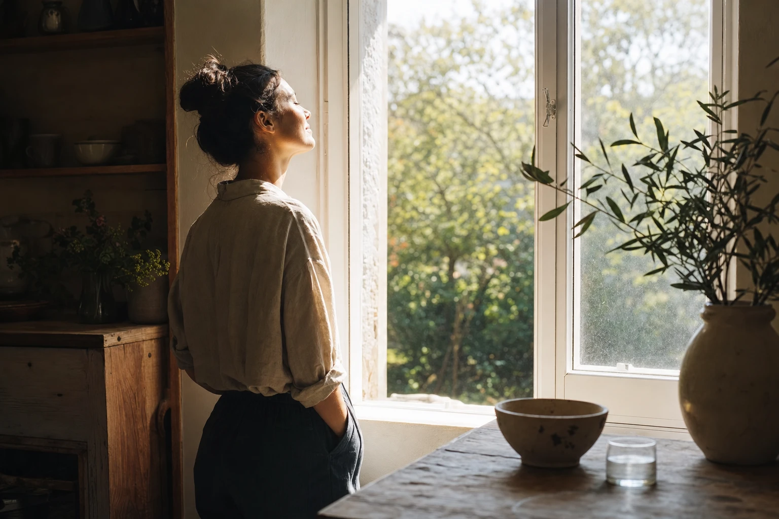 Window with natural sunlight pouring in, person exposed to light