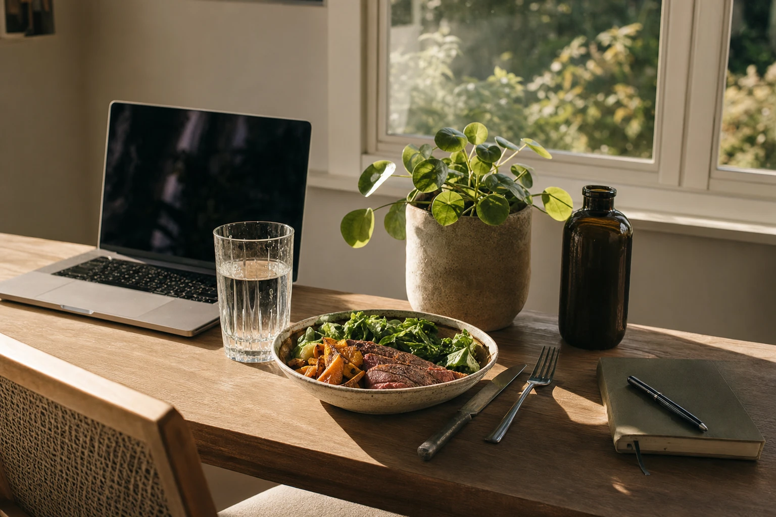 Desk with visible changes: water, proper food, plant, morning sunlight