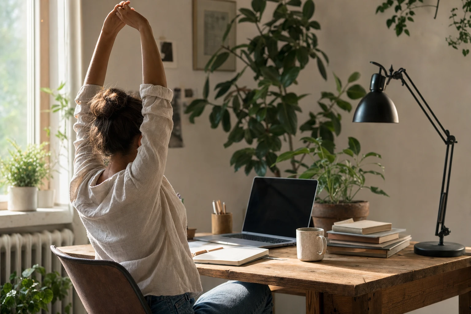 Office worker doing stretches at their desk, example of movement break
