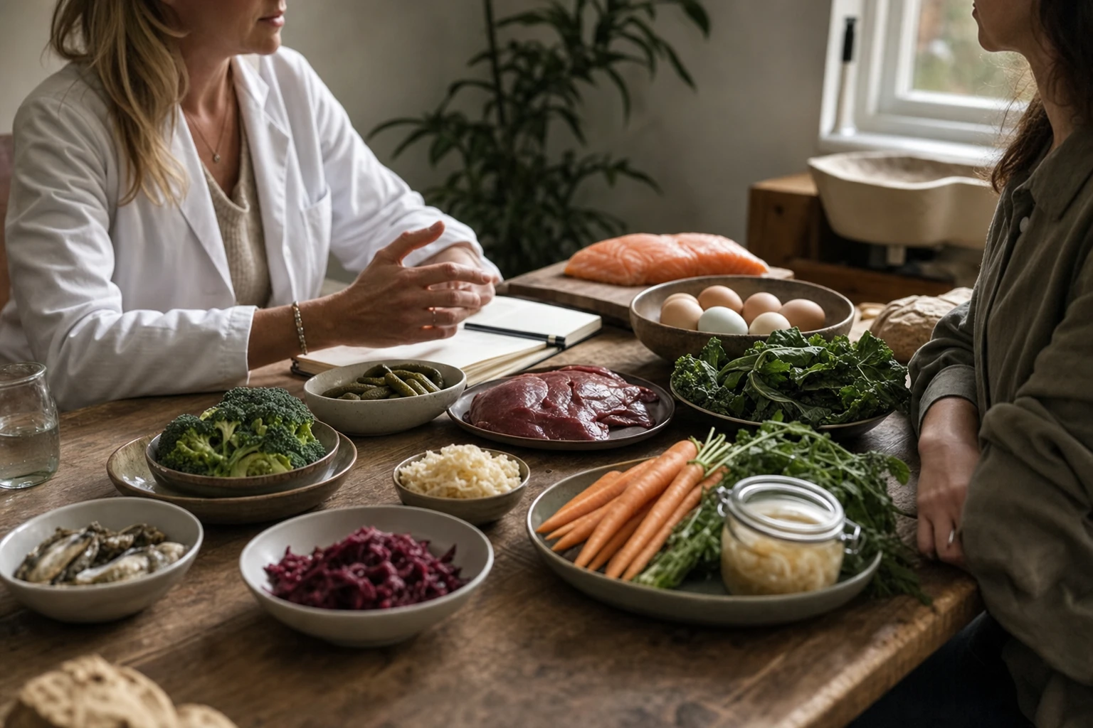 A clinical consultation room with whole foods arranged on a table: organ meats, vegetables, fish, fermented foods