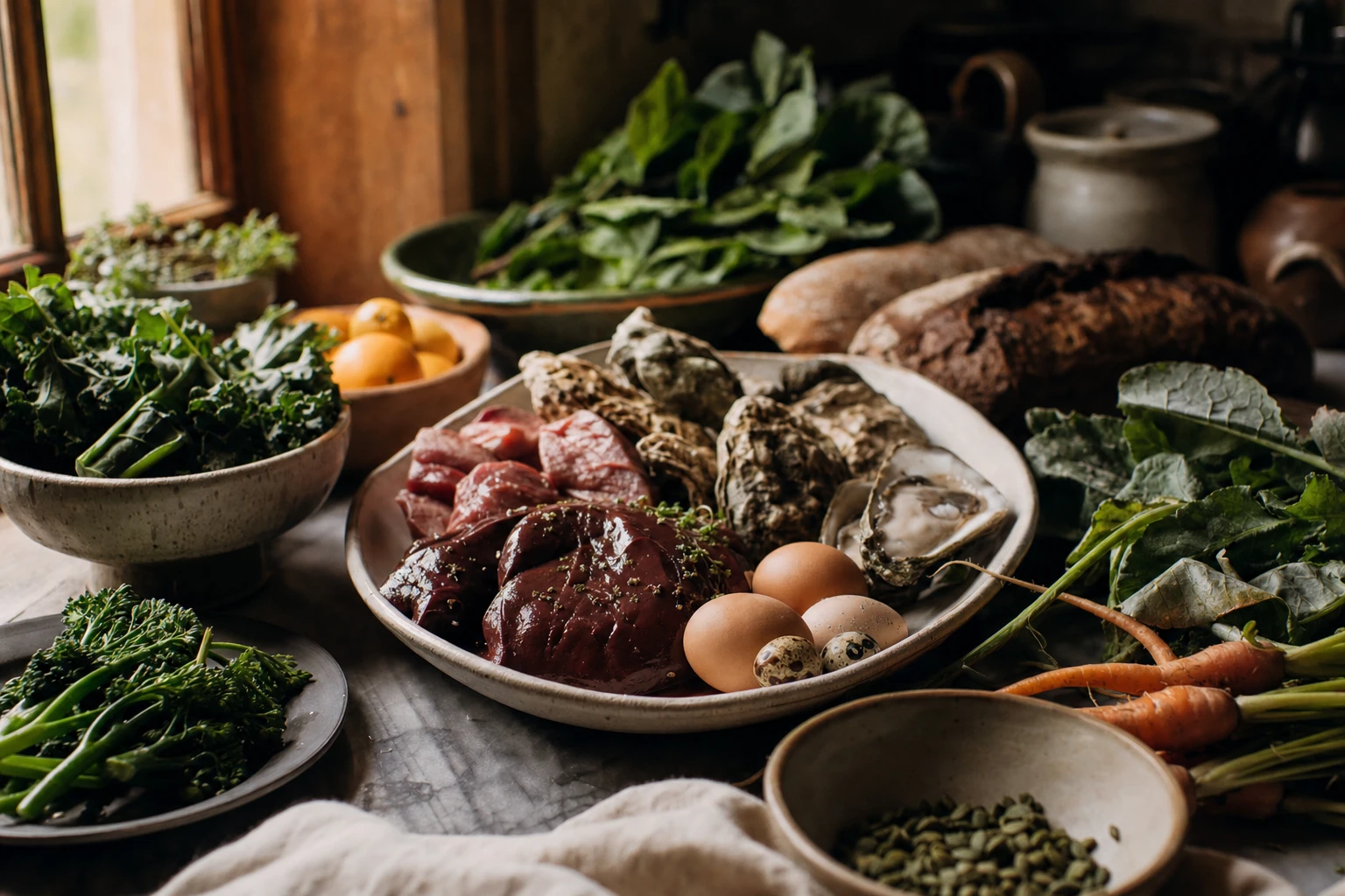 A blood test panel with various micronutrients, alongside a plate of whole foods rich in those nutrients