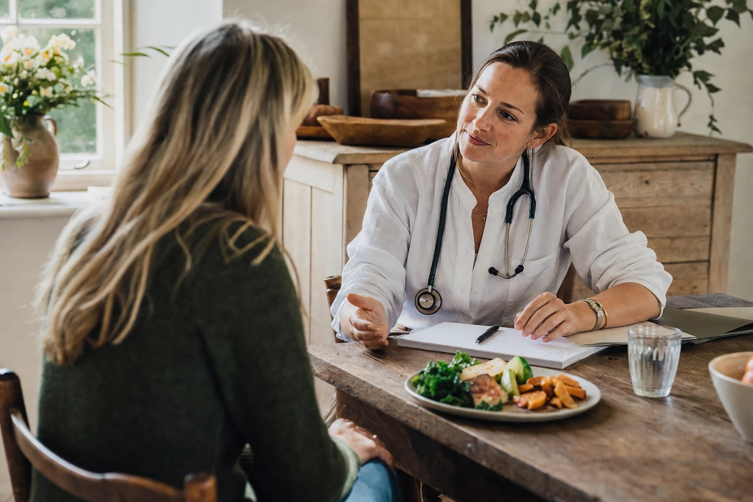 A doctor consulting with a patient, a plate of whole foods visible on the desk