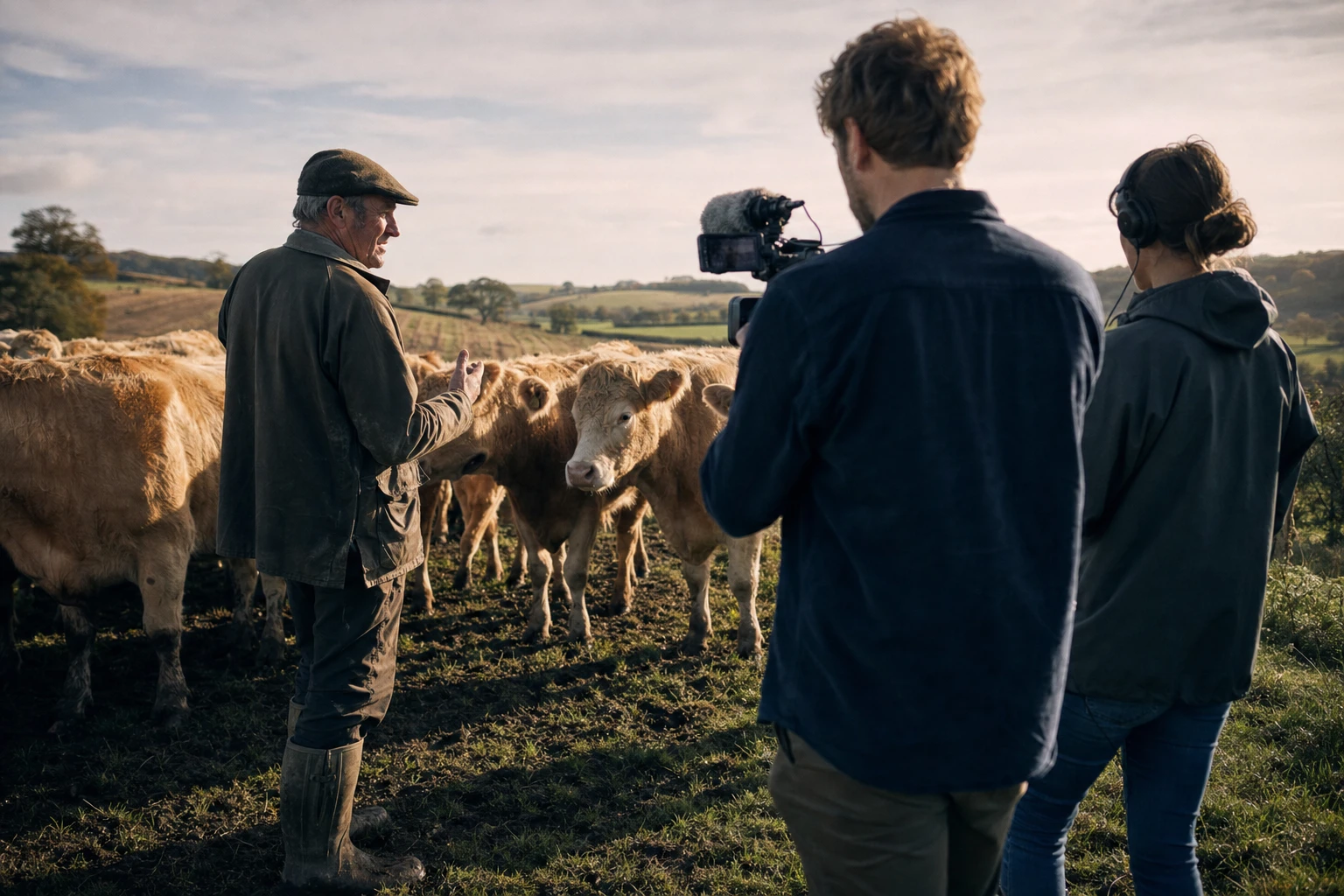 Documentary filming scene with farmer and cattle