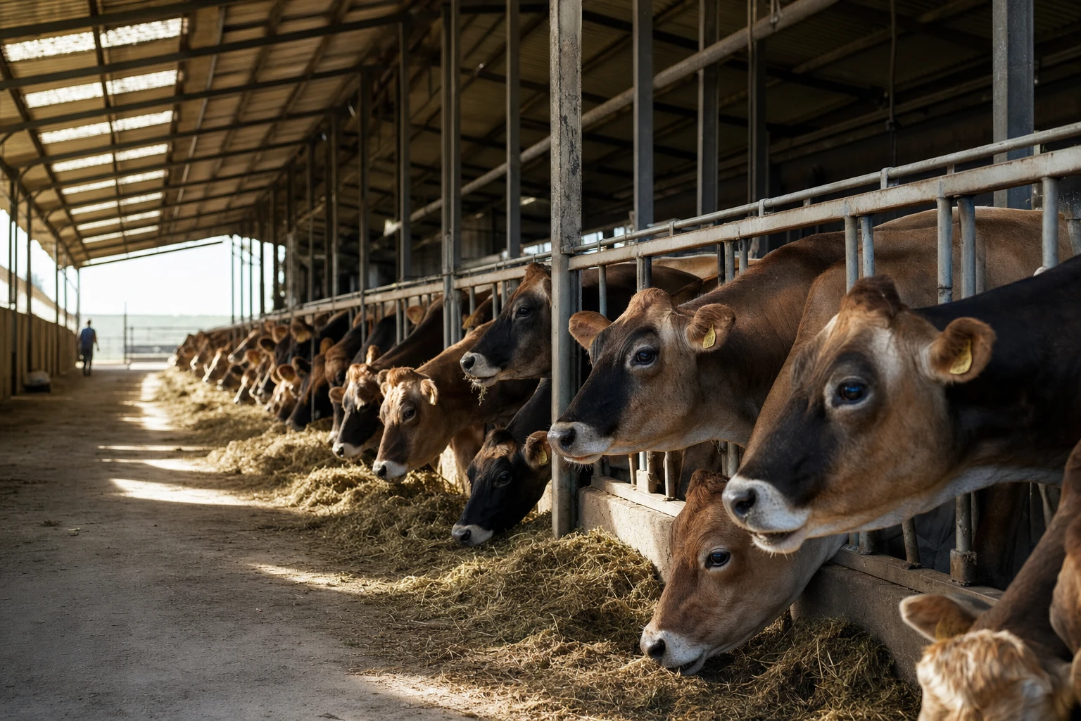 Interior of dairy farm with rows of cattle, pristine conditions