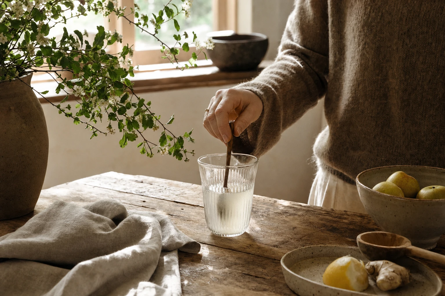 Collagen powder in a glass with water, light and airy