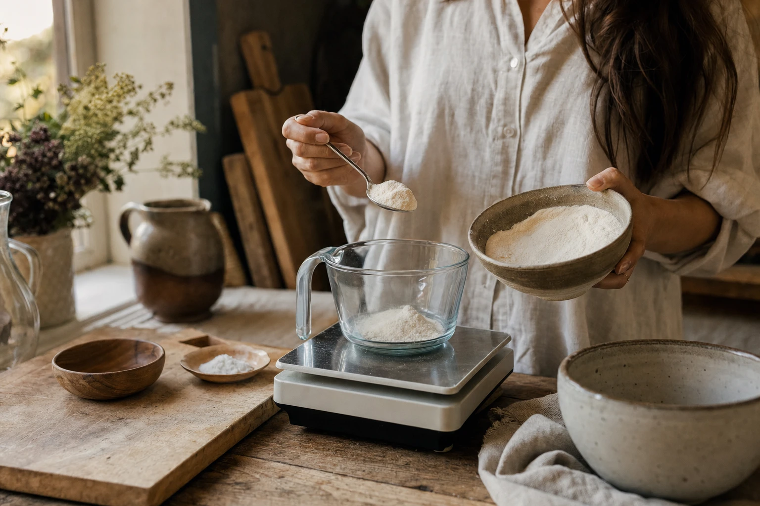 Collagen powder measurement with scale, practical kitchen setting