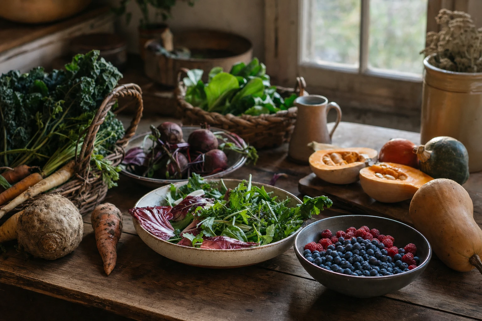 Seasonal produce: winter root vegetables, spring greens, summer berries, autumn squash