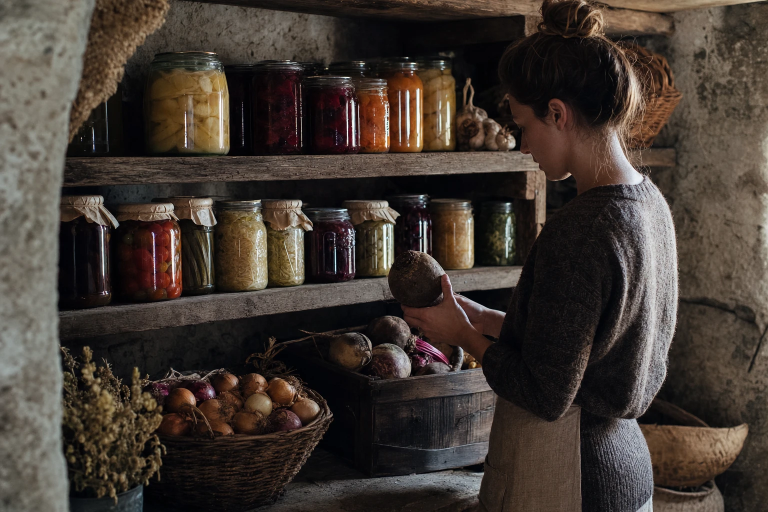 Root cellar with stored vegetables, jars of fermented foods, preserved items