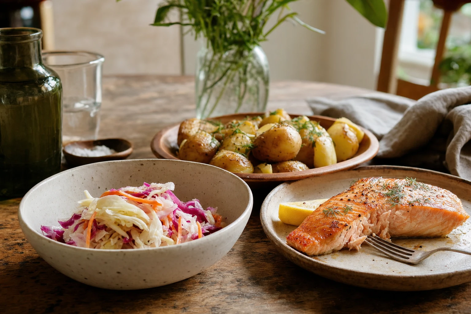 A bowl of fermented vegetables alongside cooked potatoes and salmon