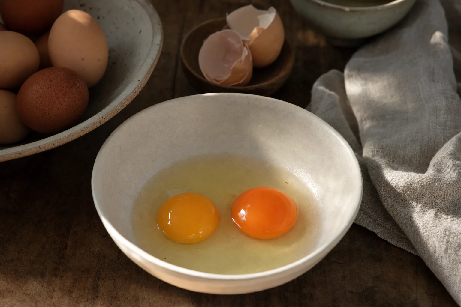Two egg yolks side by side, one pale yellow, one deep orange