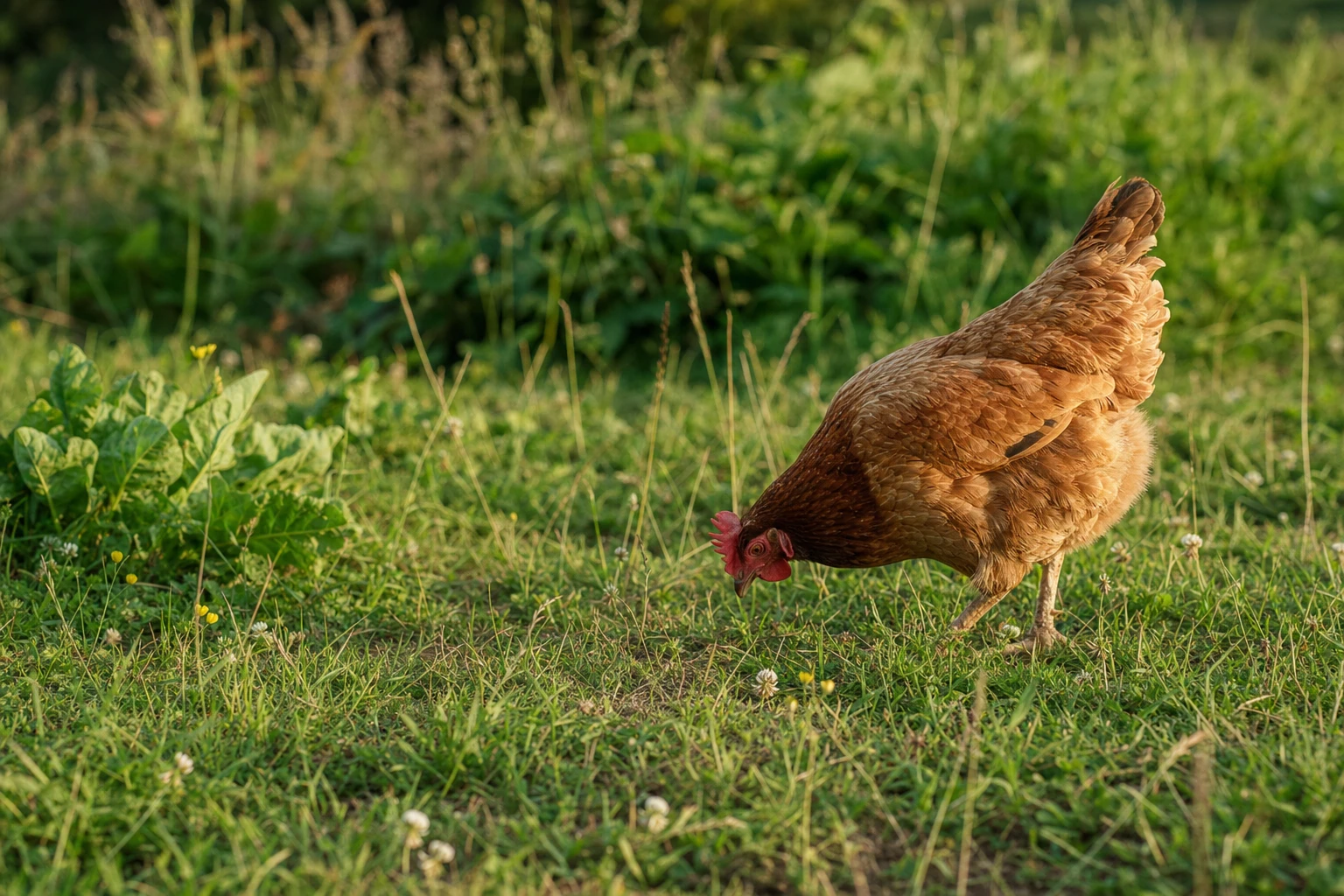 Hen on grass eating insects and plants