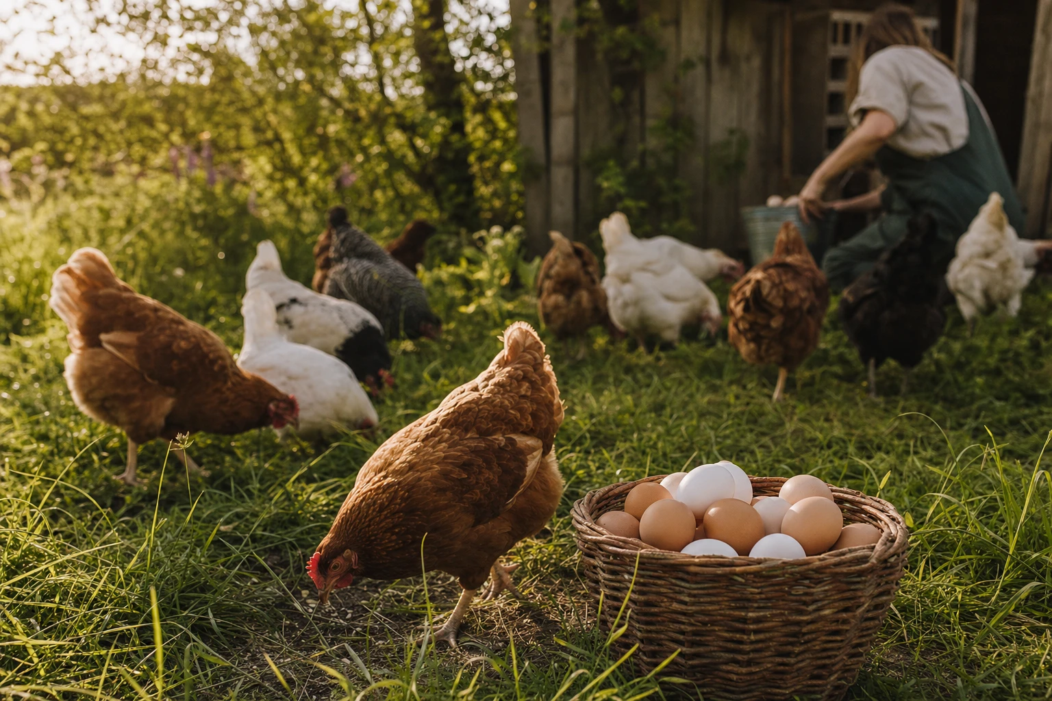 British Lion logo and eggs, versus farmyard hens on grass