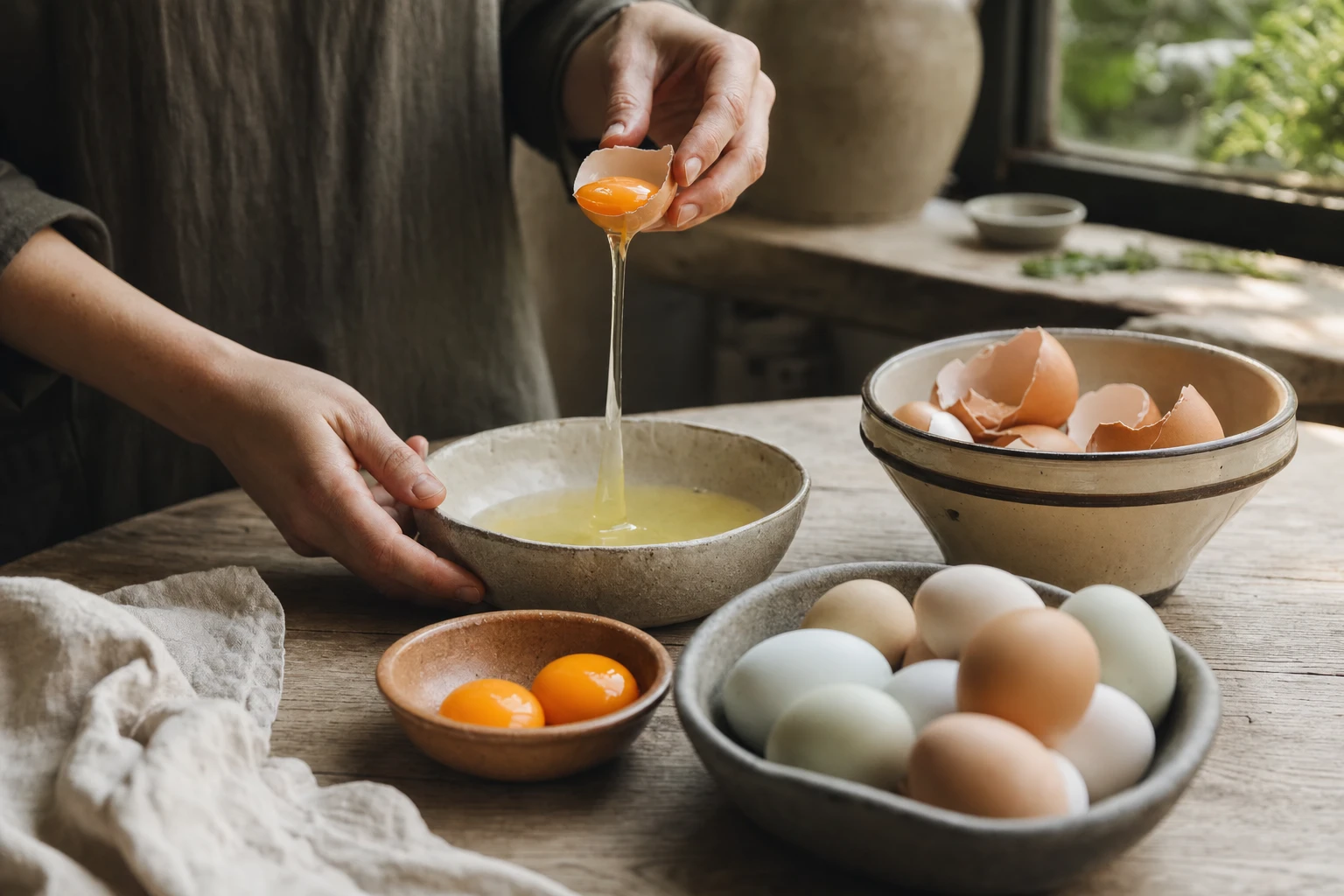 Fresh eggs in various states: whole, cracked, yolk and white separated