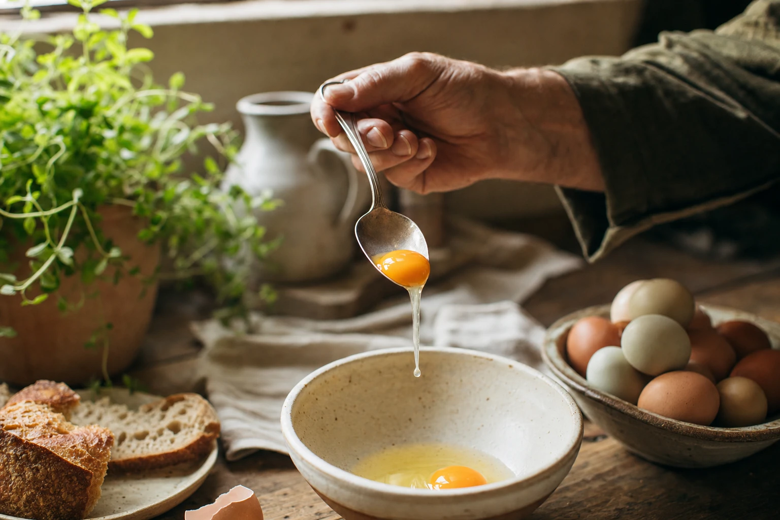 Pastured egg yolk in a spoon, showing deep yellow colour