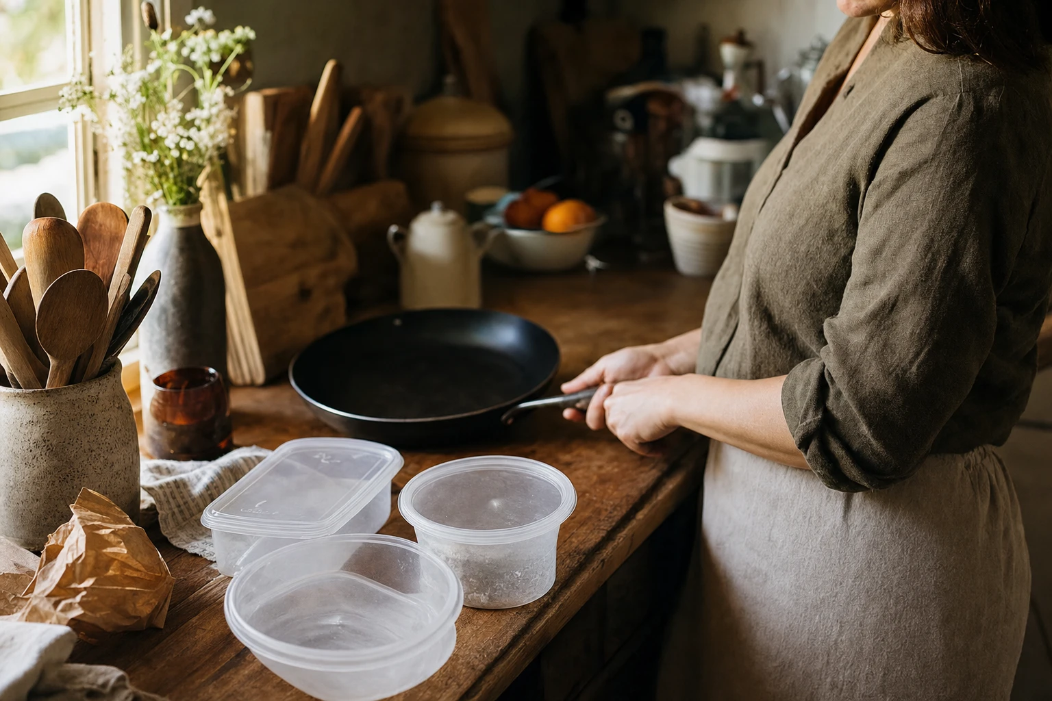 Kitchen items, plastic containers, non-stick pans, receipt paper