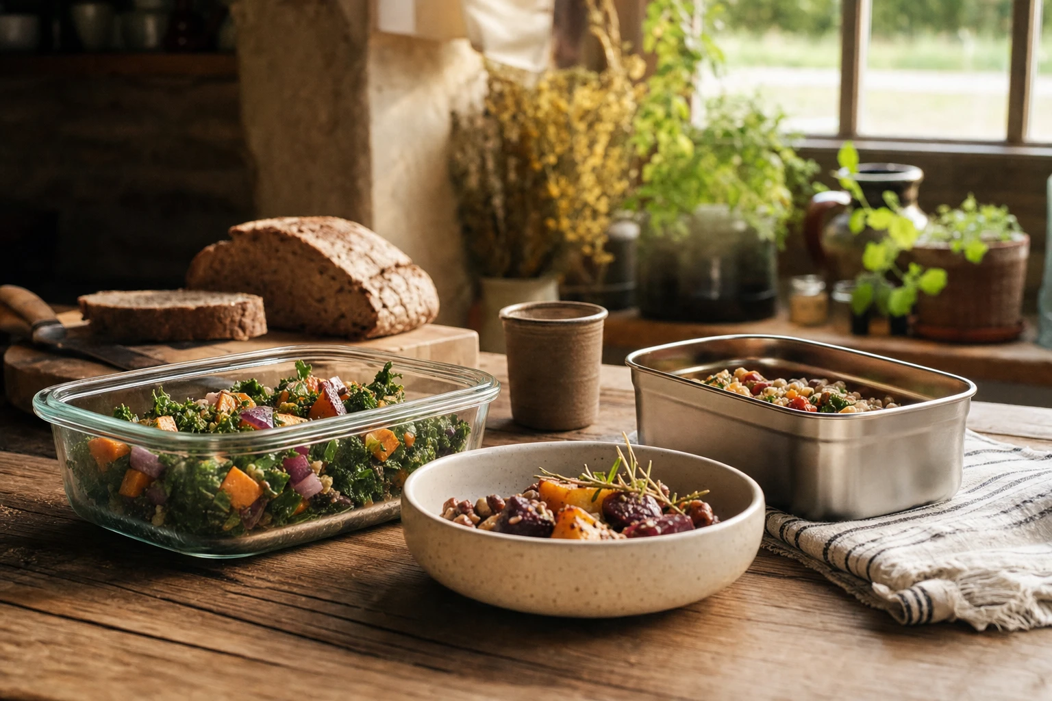 Glass storage containers, stainless steel containers, ceramic dishes