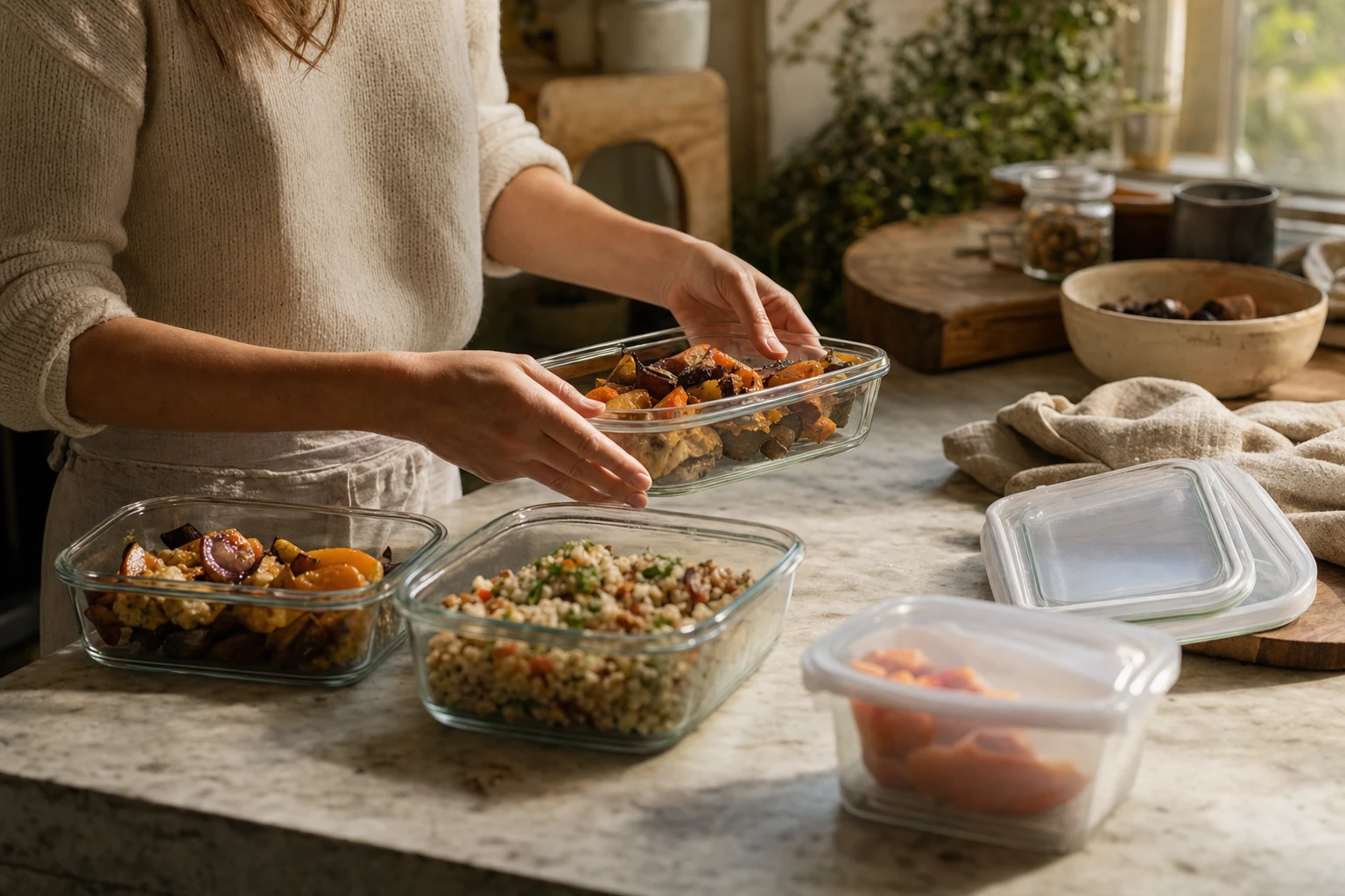 Foods being transferred from plastic to glass containers