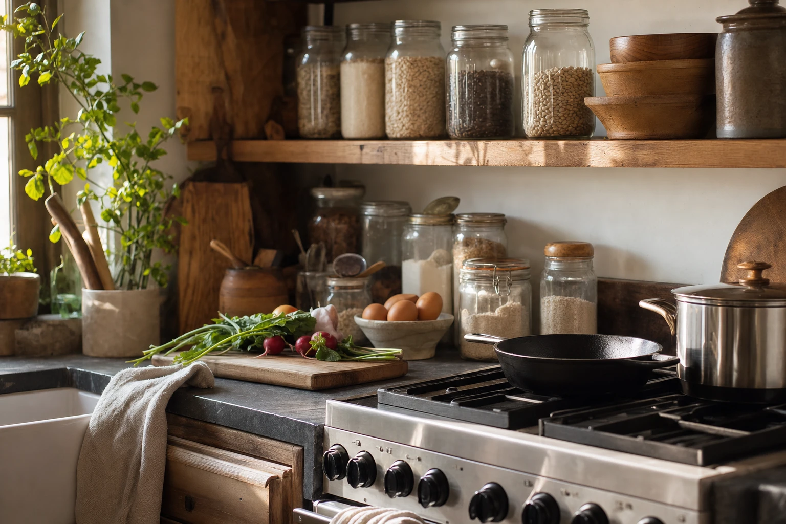 Well-organised kitchen with glass containers, cast iron, stainless steel