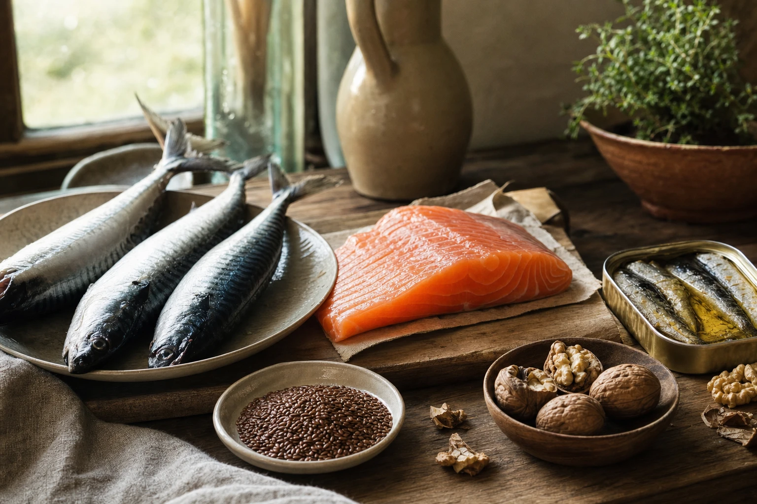 Omega-3 rich foods: wild salmon, mackerel, sardines, walnuts, flax seeds
