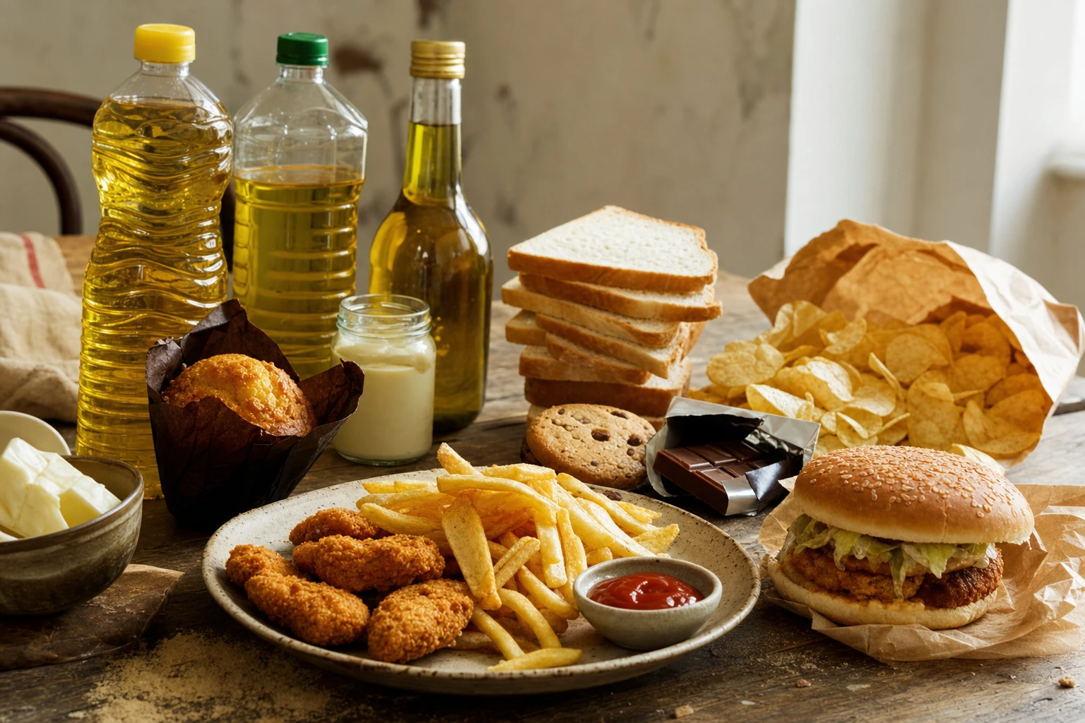 Variety of seed oils and ultra-processed foods emphasising the problem fats