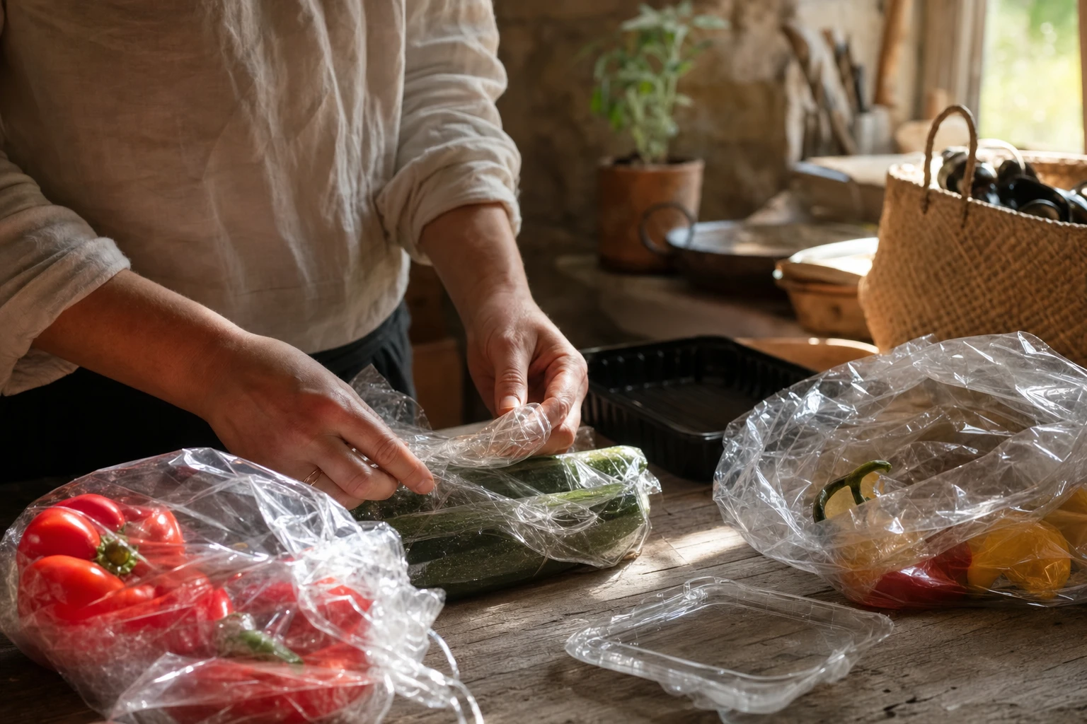 Plastics and food packaging symbolising xenoestrogen exposure
