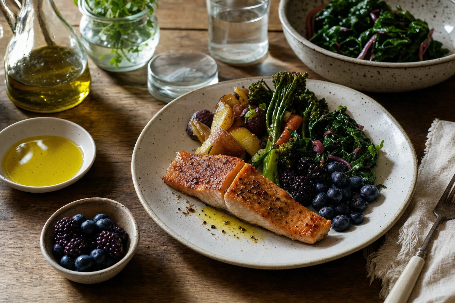 Anti-inflammatory plate with fish, vegetables, olive oil, berries