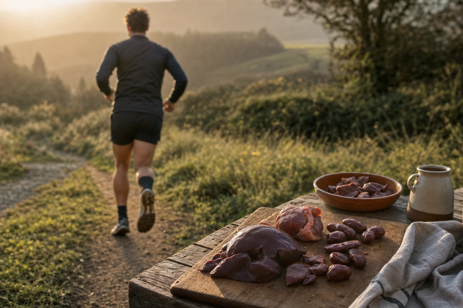 Athlete running with organ meats displayed