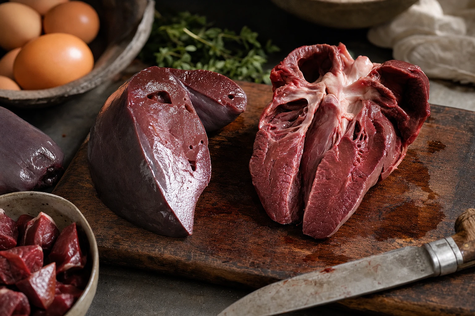 Cross-section of beef liver and heart