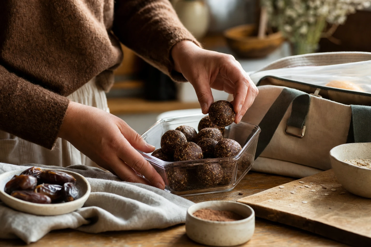 Finished energy balls stacked in a small clear box, ready for a lunch box