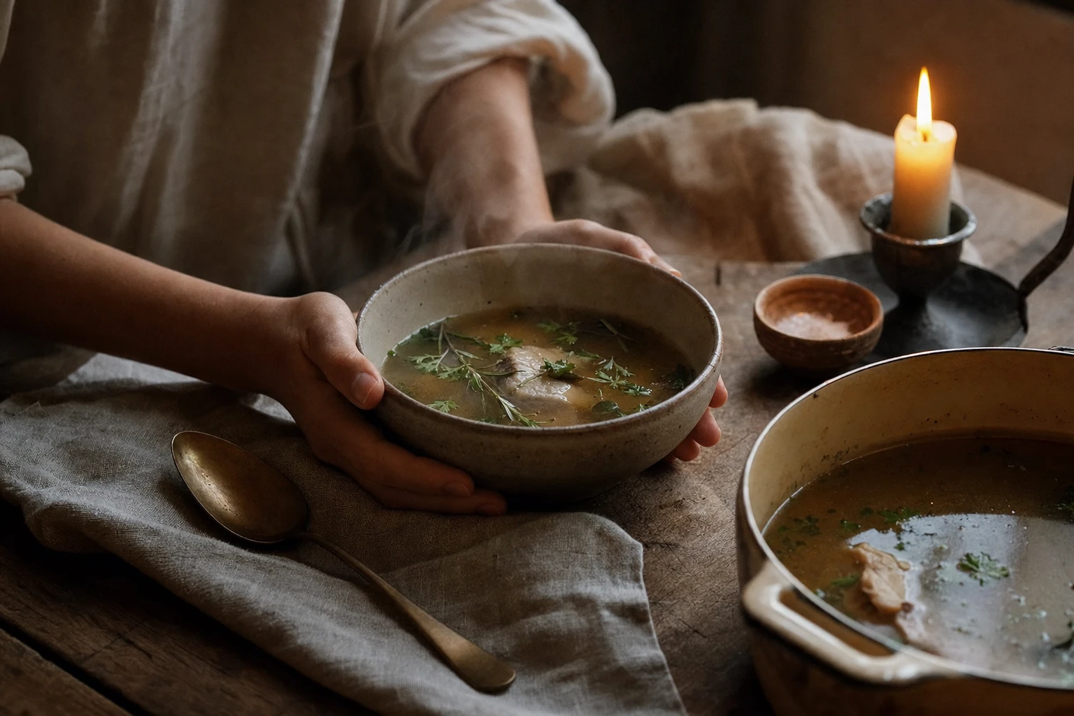 A bowl of bone broth with herbs, steam rising, soft candlelight