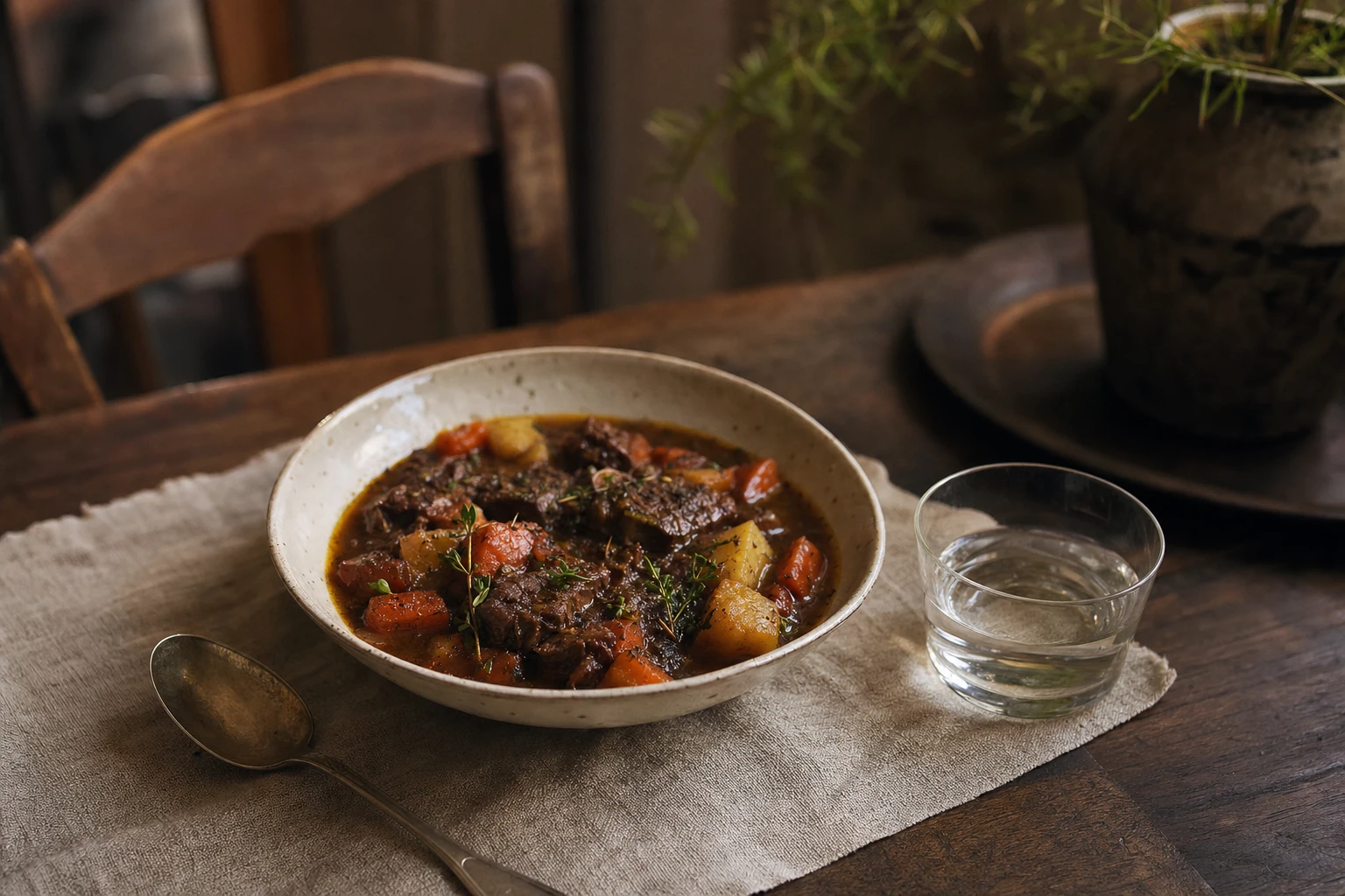A plate of slow-cooked beef stew with herbs, root vegetables, beside a small glass of mineral water