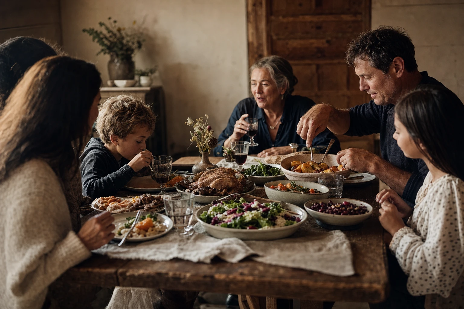 Family gathered around dinner table with diverse dishes