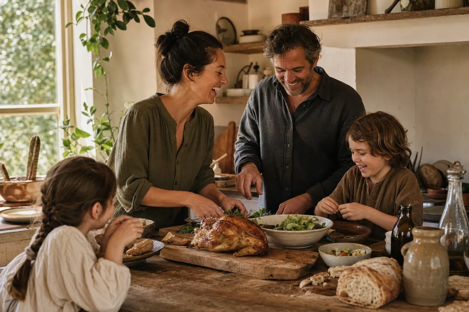 Family cooking together in kitchen, laughing
