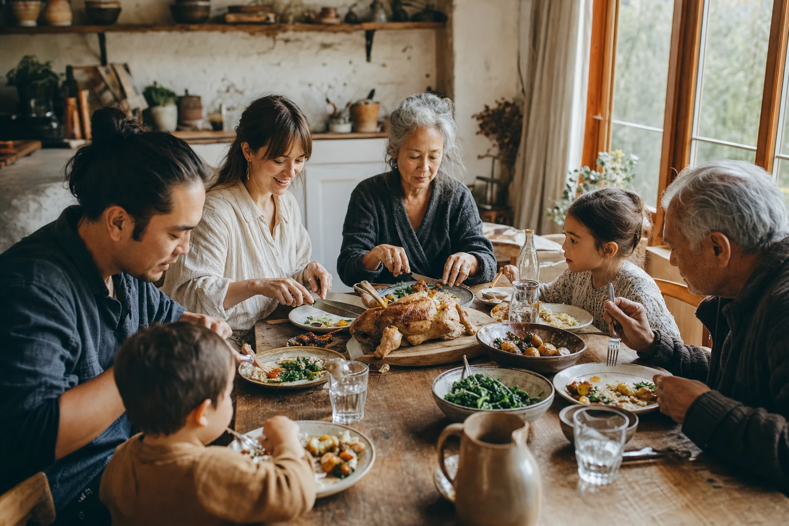 Multigenerational family eating together