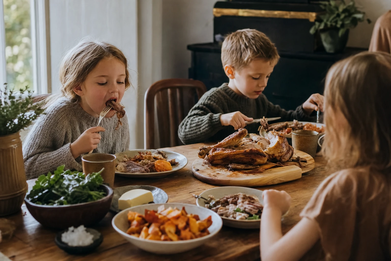 Children eating whole foods around a table