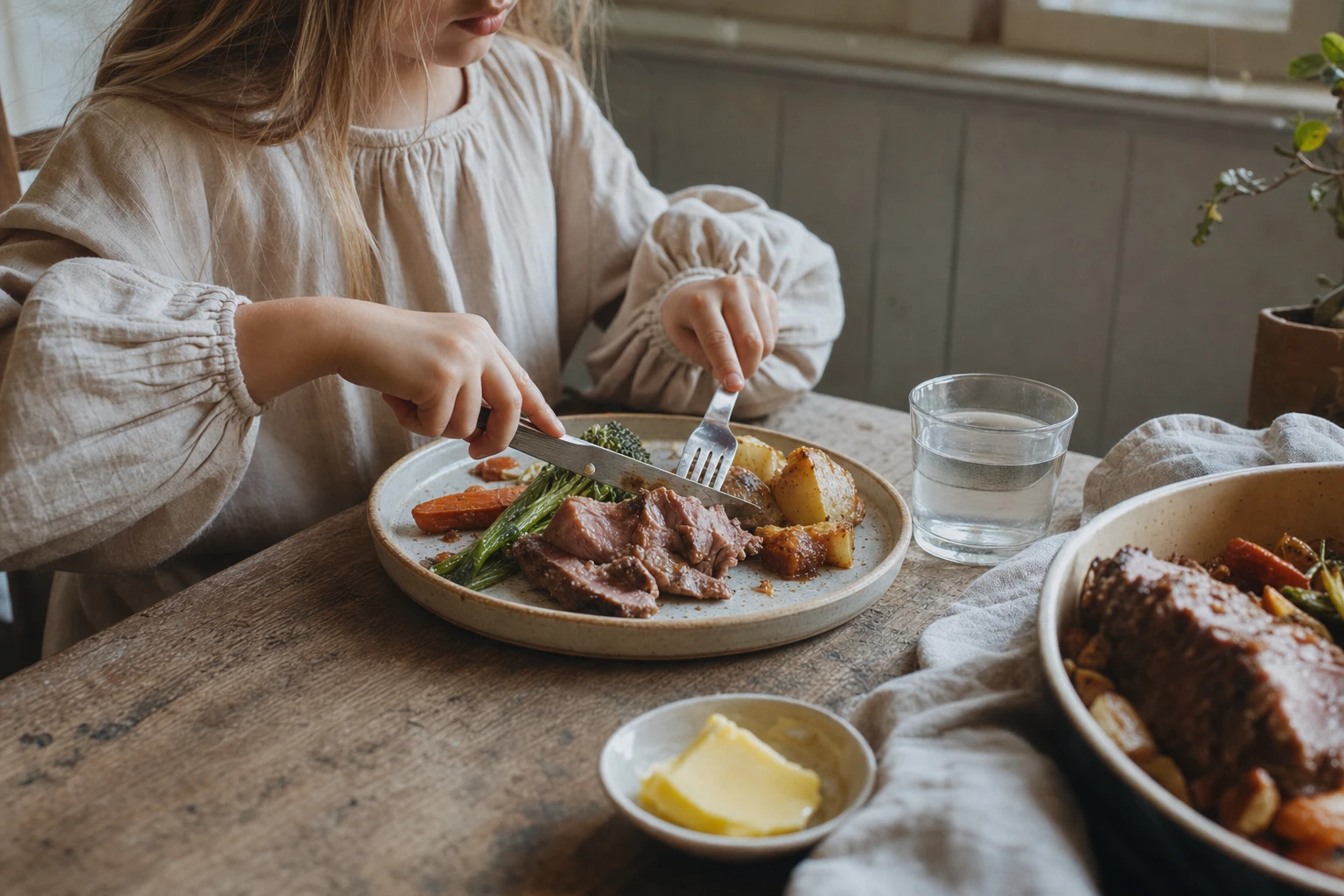 Plate with meat, vegetables, butter